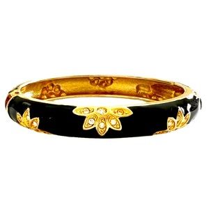 Bangle Bracelet Hinged Black Enamel W/ Rhinestones & Gold toned Metal EUC